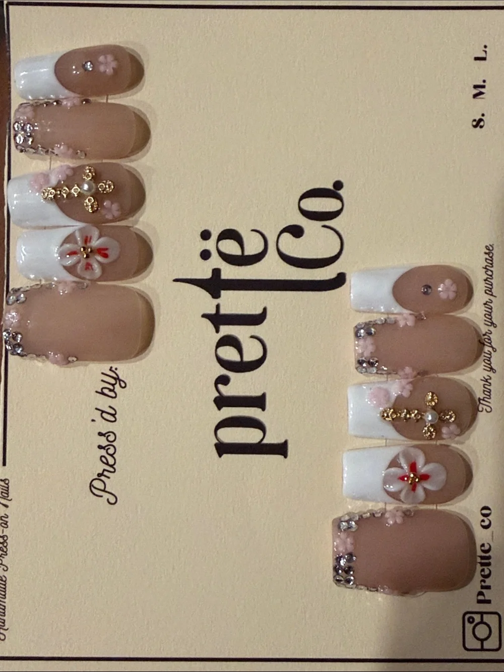Nude & White French tip 3D Floral handmade acrylic Press-On Nail